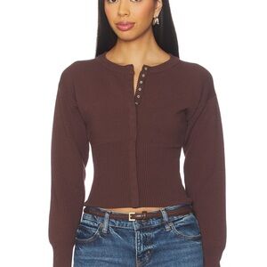 Ribbed Henley Crop Sweater Top - Brown